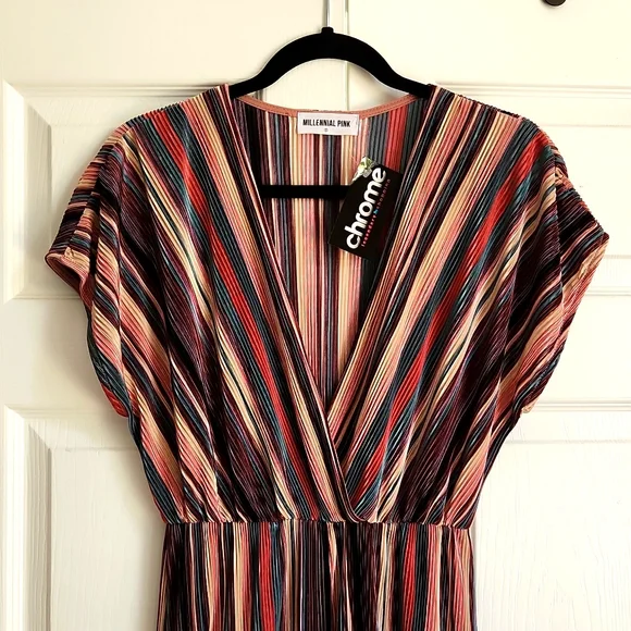 MILLENIAL PINK accordion pleated jumpsuit S wide leg studio 54 disco costume new - Picture 2 of 5